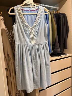 Boden Pale Blue Beaded V-Neck Fit Flare Dress 8